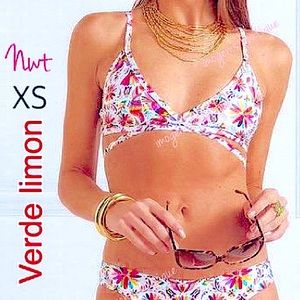 NWT VERDELIMON bikini TOP crossover tie white multicolor birds swim tapiz
